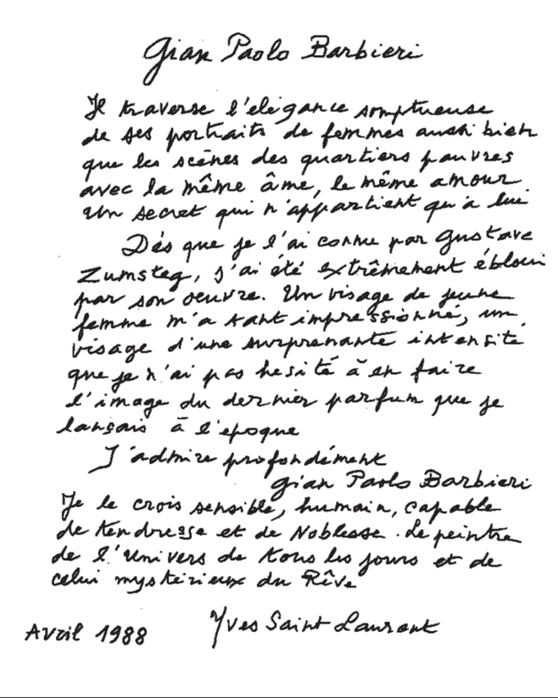 Letter from YSL to Gian Paolo Barbieri